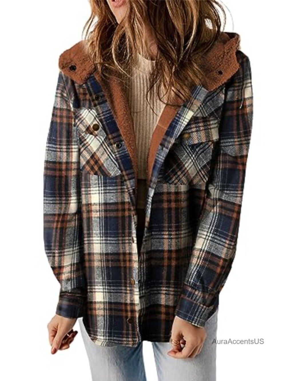Women's Plaid Fleece-Lined Shacket Jacket Hooded Winter Coat